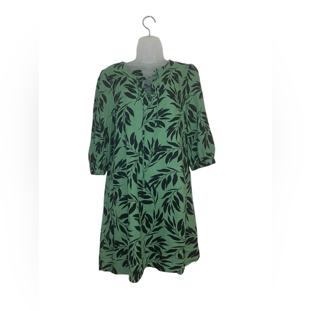 Who What Wear Green Leaf Print Linen Blend Mini Dress Size Medium - Picture 2 of 8